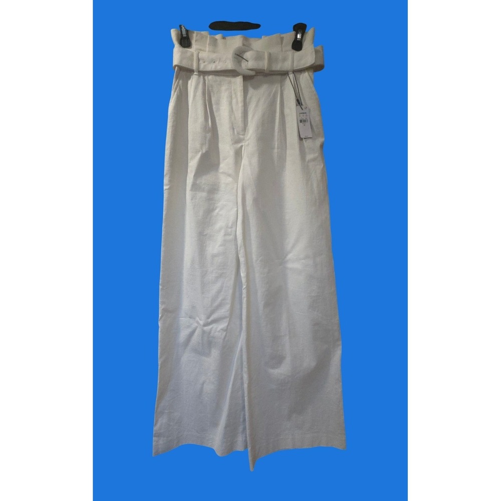 Express Womens White Linen Blend Wide Leg Super High Rise Belted Pants 2R NWT
